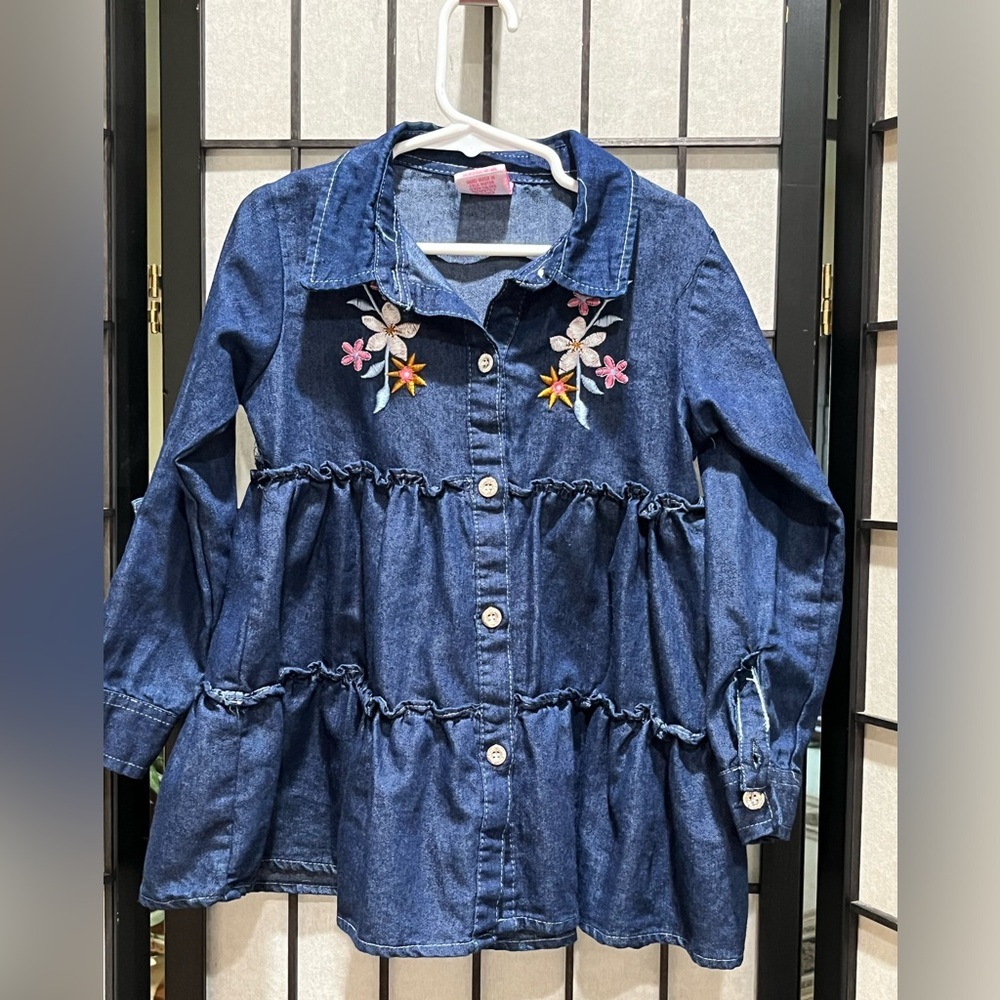 REAL LOVE KIDS Denim Button-Front Tiered Shirt DRESS with Floral Embroidery 6X